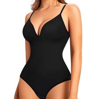 LODAY Shapewear Bodysuits for Women Deep V Neck Body Suit with Built in Bra（Blac